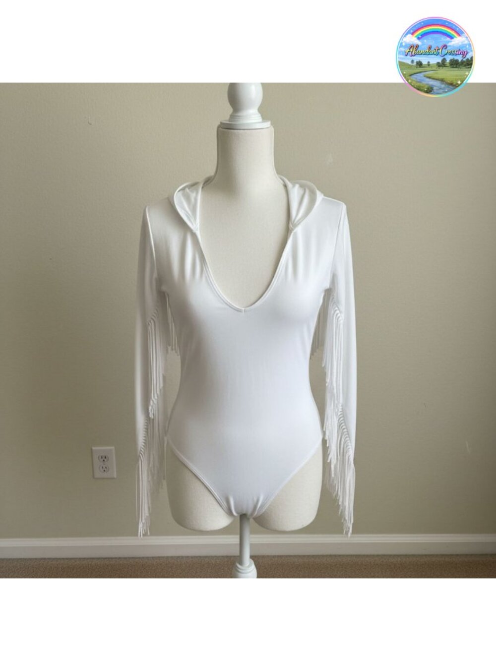 Women's Fringe Trim V Neck Long Sleeve Bodysuit Snaps Stretchy